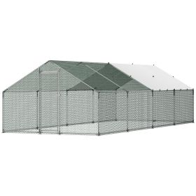 Large Metal Chicken Coop, 9.8 x 26.2 x 6.6 ft, Walk-in Chicken Runs with Waterproof Cover, Spire Roof Hen House Enclosure with Lock