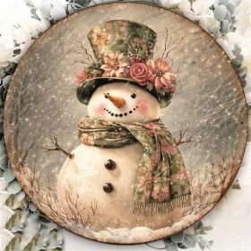 Vintage Snowman Round Sign 8x8in Cute Winter Holiday Wall Decor (Option: Tin)