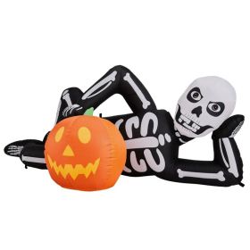 7ft Inflatable Halloween Decor With Lying Skeleton, 7 Built-in LED Lights, Black & White, 12V 1250mA US Power Adapter (Option: defaulttitle)