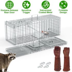 1Pc Humane Cat Trap Cage With Gloves Catch Release Live Animal Rodent Cage Collapsible Galvanized Wire For Raccoons Beavers Groundhogs Foxes Arma (Option: SILVER)