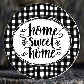 Black And White Checkered Home Sweet Wreath Round Metal Sign 8in (Option: Tin)